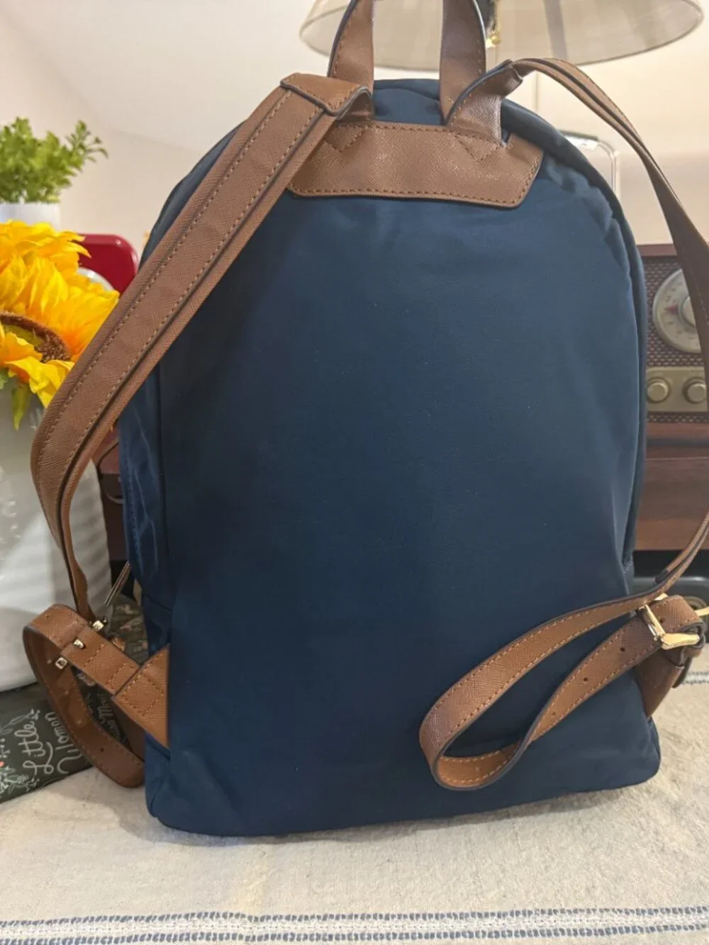 Michael Kors Navy Nylon Backpack Brown Leather Trim Gold Hardware